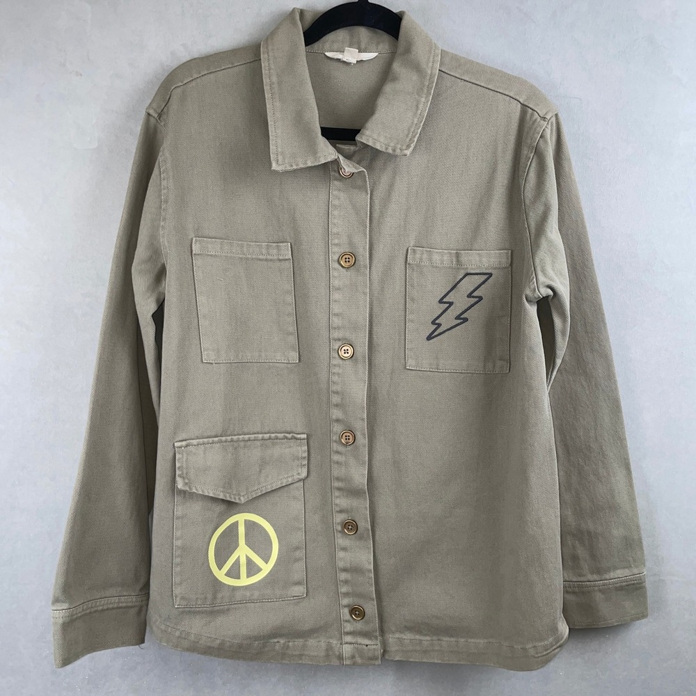 Ascot and Hart Utility Shirt Jacket Olive Green Peace Lightning Bolt Women M NEW